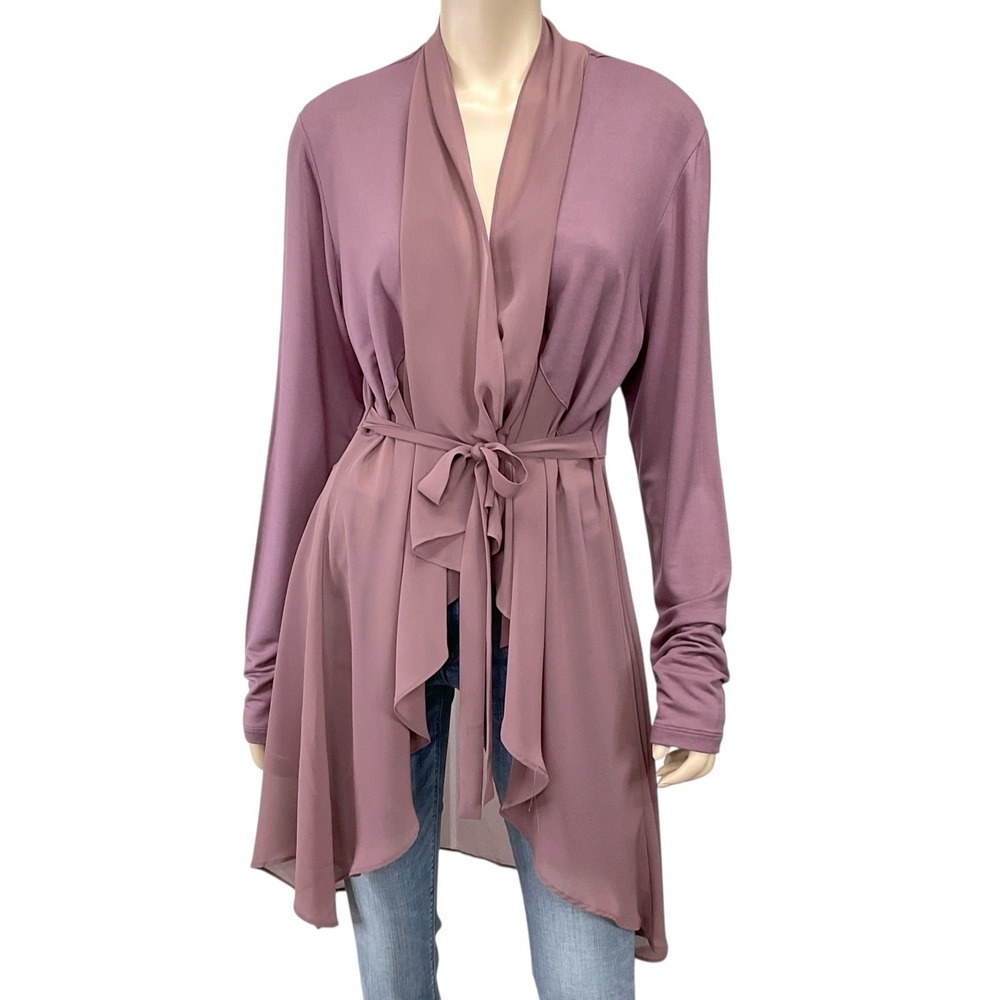 LOGO Lounge Cardigan Women Large Purple Long Sleeve Longline‎ Duster Tie Waist